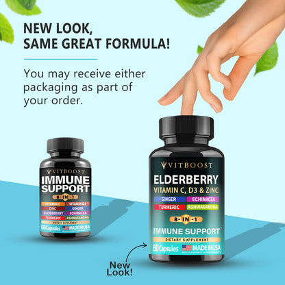 Elderberry Immune Support 8-in-1 Formula – 60 Capsules with Vitamin C, D, Zinc & Echinacea
