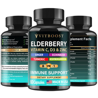 Elderberry Immune Support 8-in-1 Formula – 60 Capsules with Vitamin C, D, Zinc & Echinacea