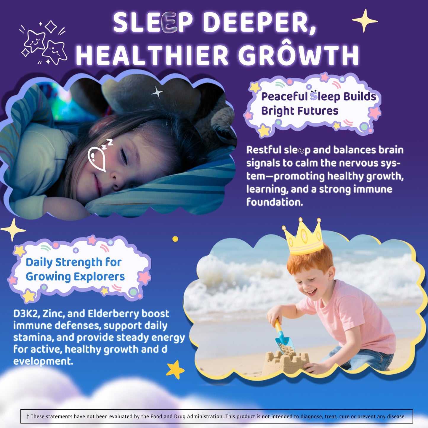 Kids Sleep Gummies - No Melatonin with Magnesium Glycinate, L-Theanine, Zinc & D3K2 | Immune Support