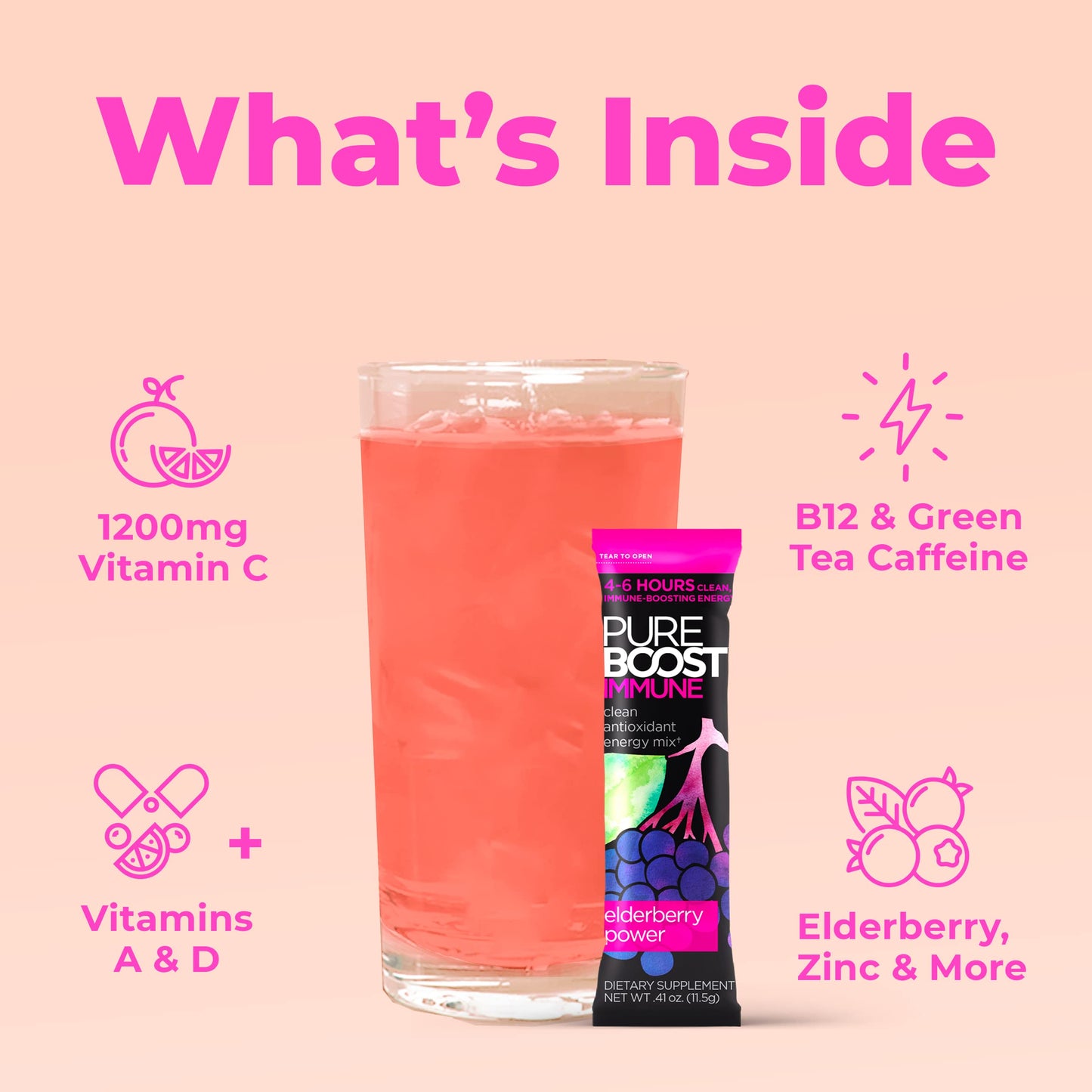 Pureboost Immune Clean Energy Booster - Elderberry Power, Vitamin C 1200 mg