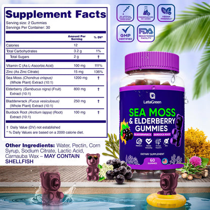 LetaGreen Irish Sea Moss Gummies – Multimineral with Bladderwrack & Elderberry (60 Vegan Gummies)