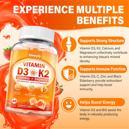 Vitamin D3 10000IU Gummies with K2 – Vegan, Sugar-Free Immune Support