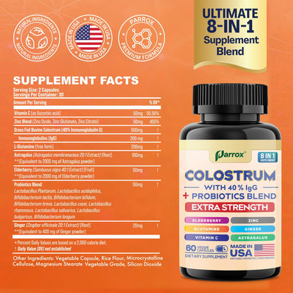 Parrox Colostrum Capsules – Grass-Fed 40% IgG, 8-in-1 Probiotic Wellness