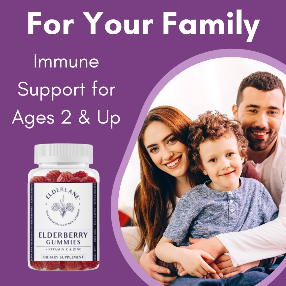Elderlane Elderberry Gummies for Adults and Kids - Immune Support - Non-GMO, Vegan, Gluten-Free, Gelatin-Free - 60ct, 100mg