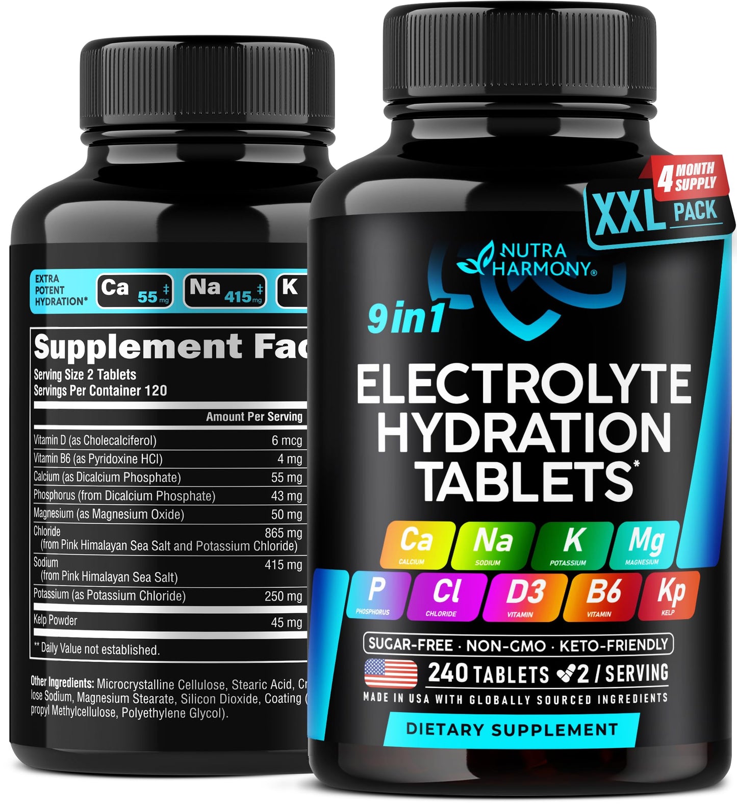 9-in-1 Electrolyte Tablets – Magnesium, Sodium, Potassium, D3 & B6, Kelp | Made in USA | 240 Tabs