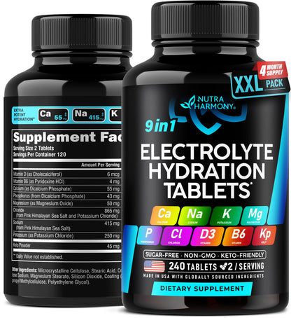 9-in-1 Electrolyte Tablets – Magnesium, Sodium, Potassium, D3 & B6, Kelp | Made in USA | 240 Tabs