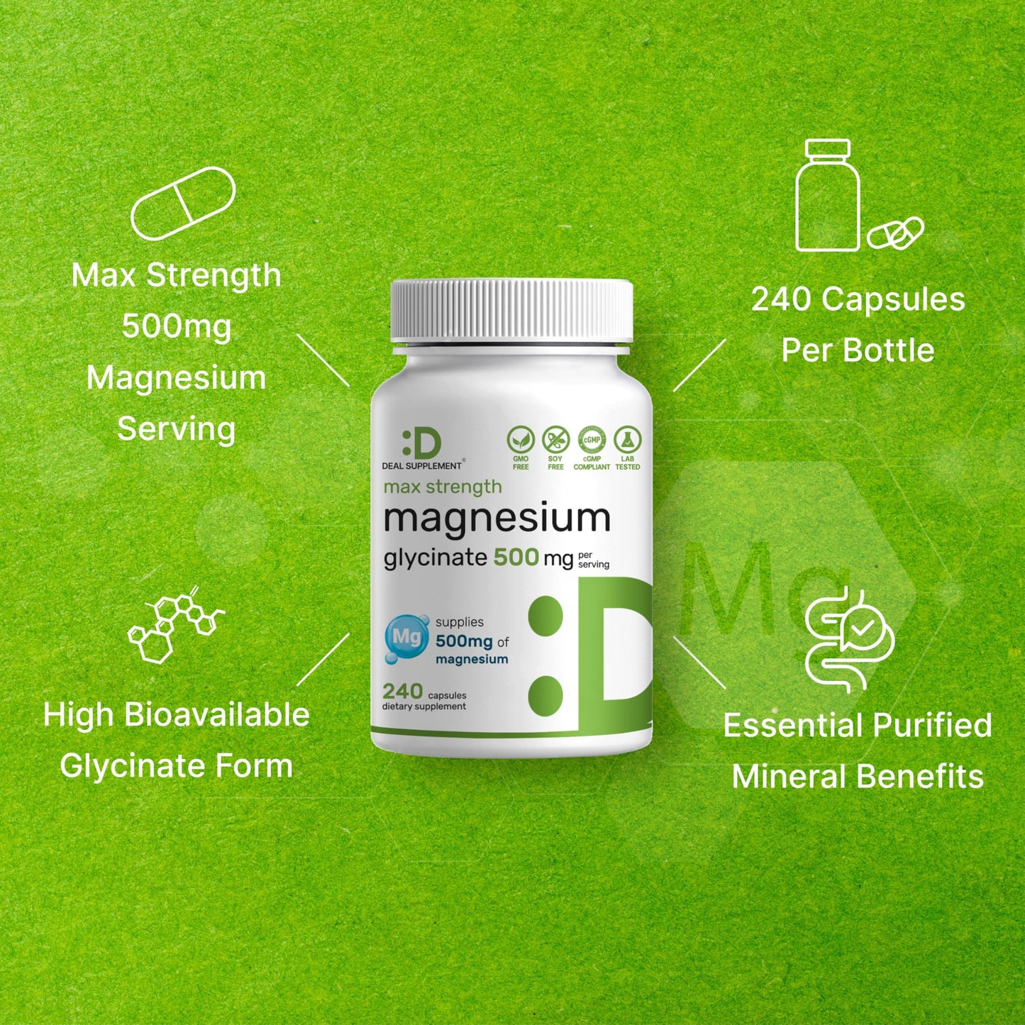 Max Strength Magnesium Glycinate 500mg | 240 Capsules | Chelated & Easy Absorption