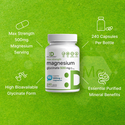 Max Strength Magnesium Glycinate 500mg | 240 Capsules | Chelated & Easy Absorption