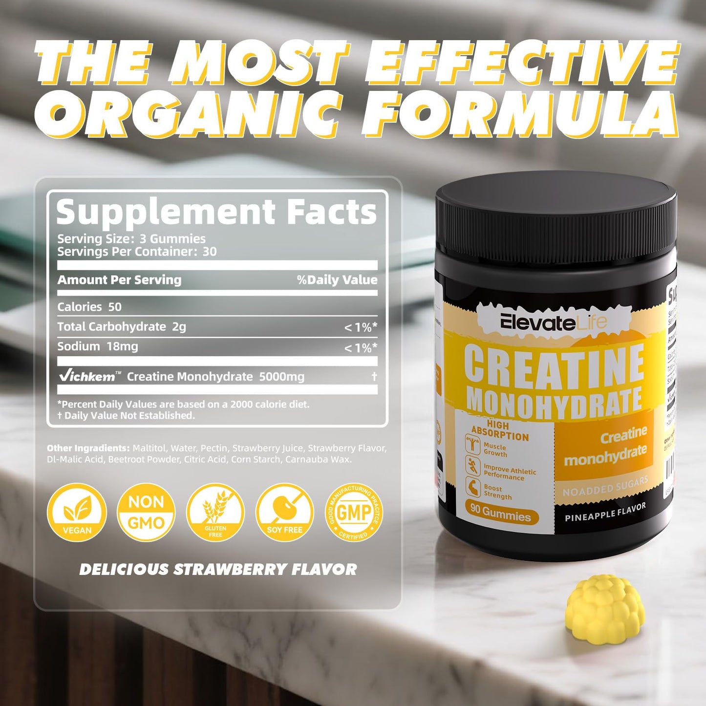 Creatine Monohydrate Gummies 5000mg – 90 Pineapple Chewables for Men & Women | ElevateLife