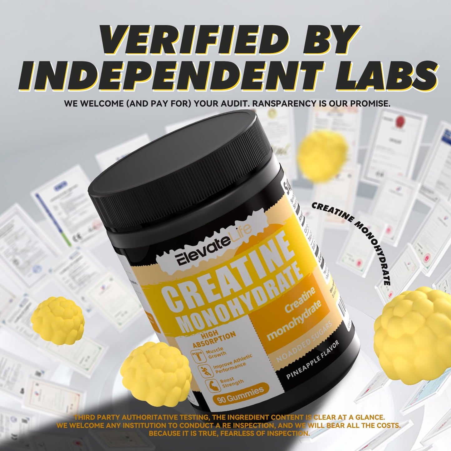 Creatine Monohydrate Gummies 5000mg – 90 Pineapple Chewables for Men & Women | ElevateLife