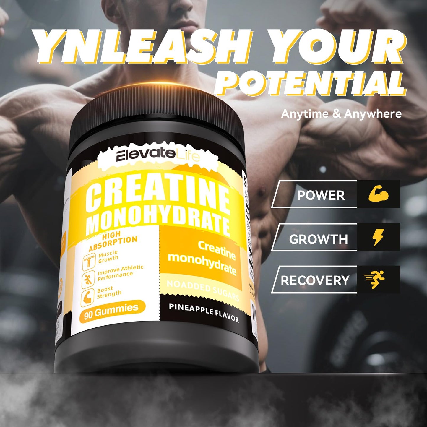 Creatine Monohydrate Gummies 5000mg – 90 Pineapple Chewables for Men & Women | ElevateLife