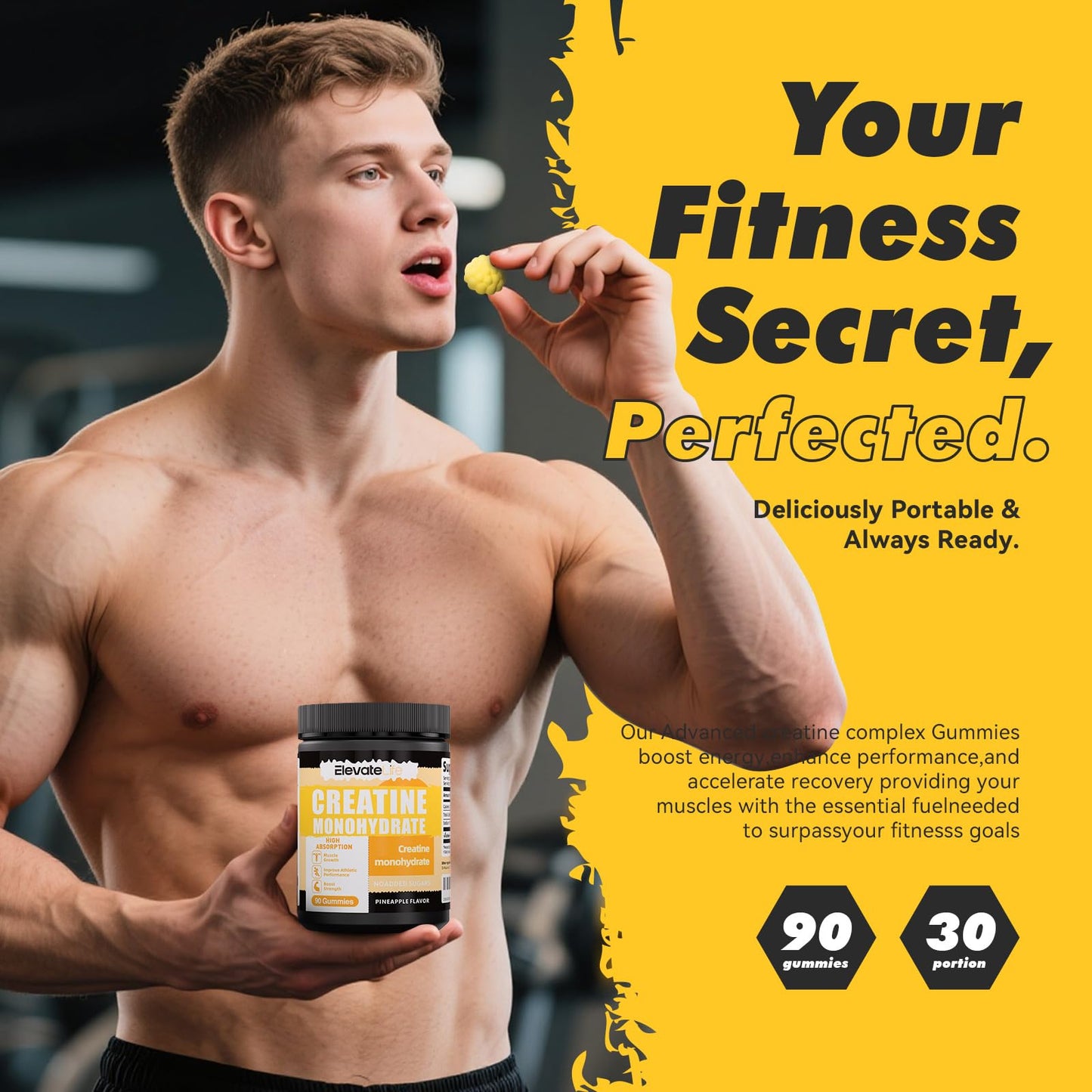 Creatine Monohydrate Gummies 5000mg – 90 Pineapple Chewables for Men & Women | ElevateLife