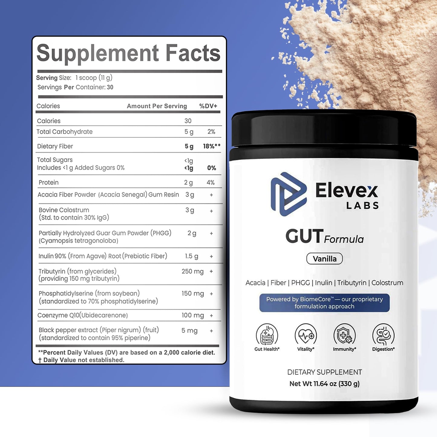 Elevex Gut Health Powder – 3g Colostrum (30% IgG) + Tributyrin (≥60% Butyrate Purity) + PHGG Prebiotics – Gut Lining, Gut–Brain & Bloating Support – BiomeCore™ – 30 Servings (Vanilla)