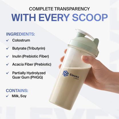 Elevex Gut Health Powder – 3g Colostrum (30% IgG) + Tributyrin (≥60% Butyrate Purity) + PHGG Prebiotics – Gut Lining, Gut–Brain & Bloating Support – BiomeCore™ – 30 Servings (Vanilla)