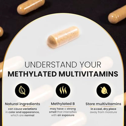 Eliixr Methylated Multivitamin for Men & Women – 60 Capsules, 1500mcg Folate, 500mcg B12, Iron Free, Made in USA