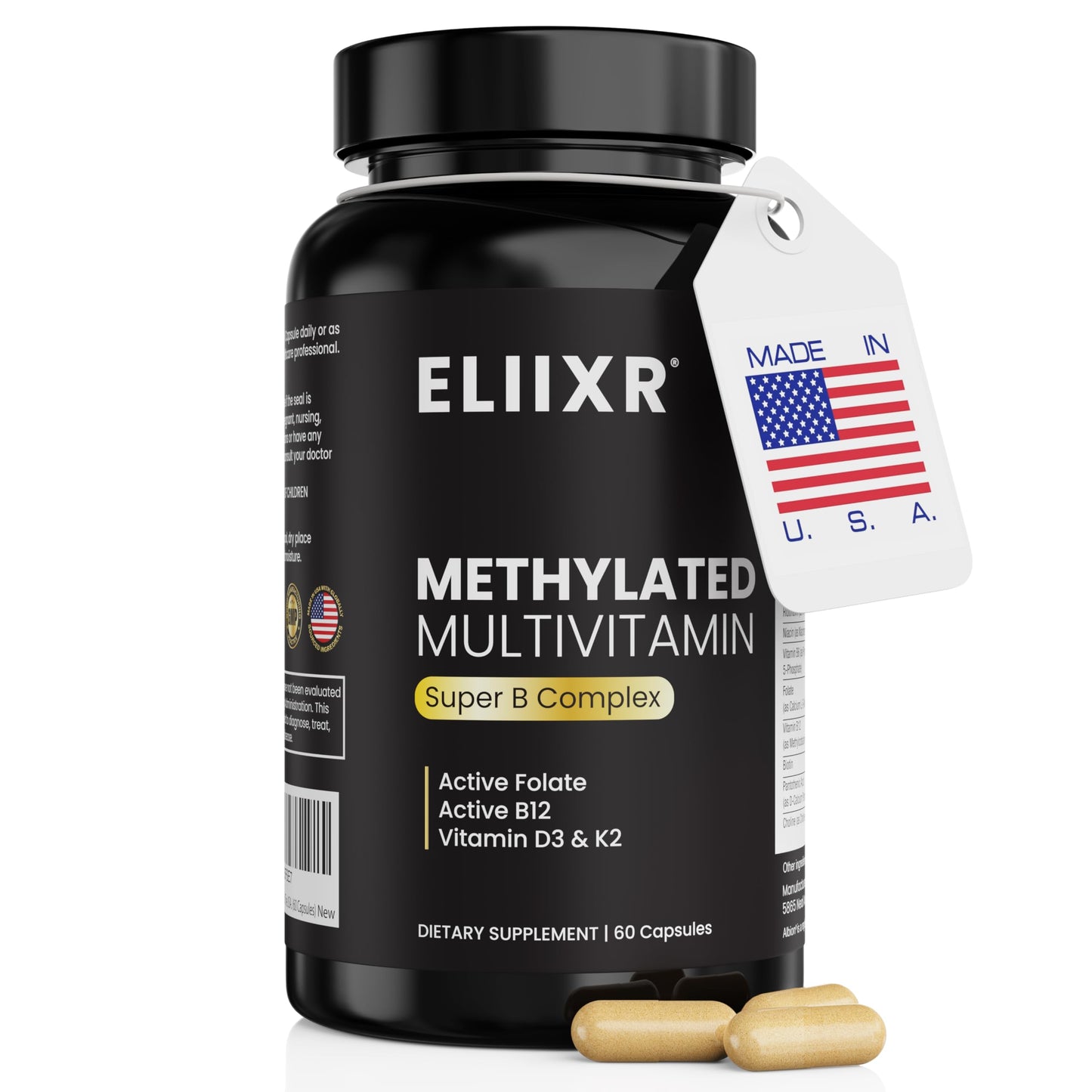 Eliixr Methylated Multivitamin for Men & Women – 60 Capsules, 1500mcg Folate, 500mcg B12, Iron Free, Made in USA