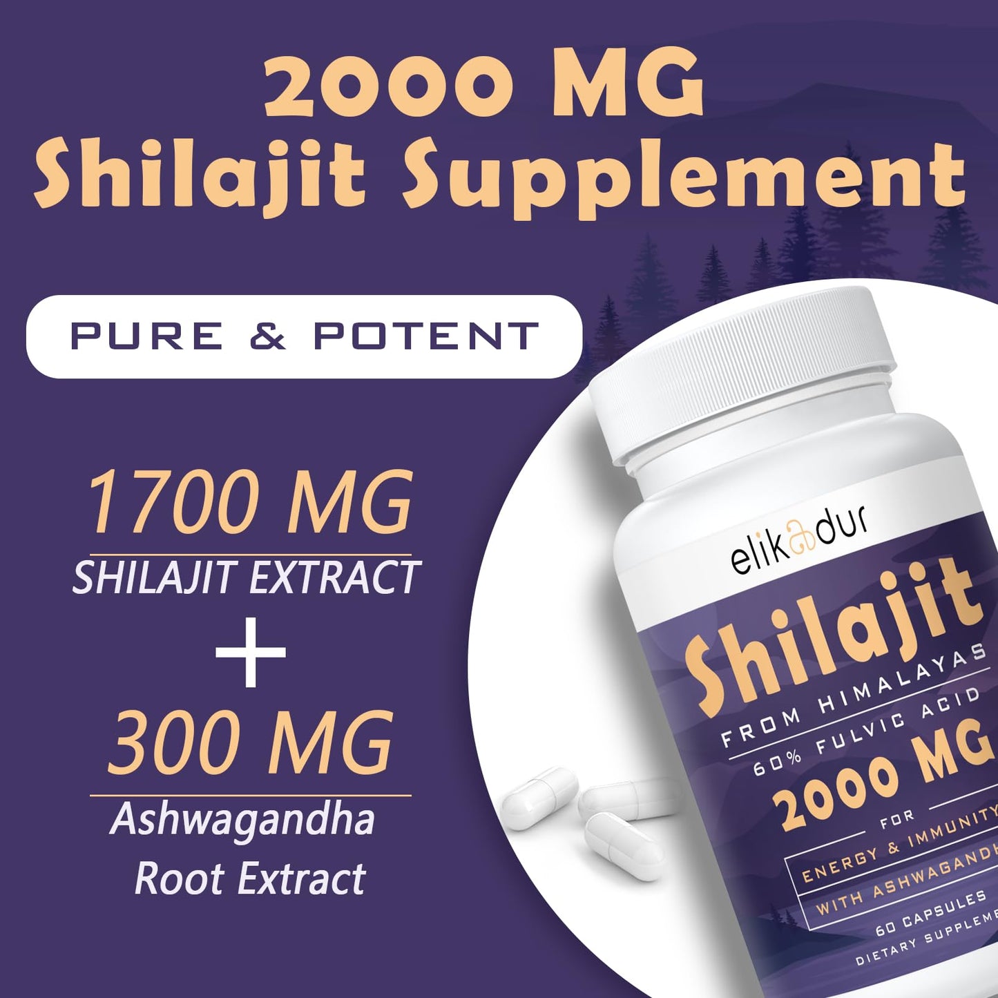 Elikadur 2000 mg Shilajit Supplement – 85+ Minerals, 60% Fulvic Acid, 120 Vegan Capsules