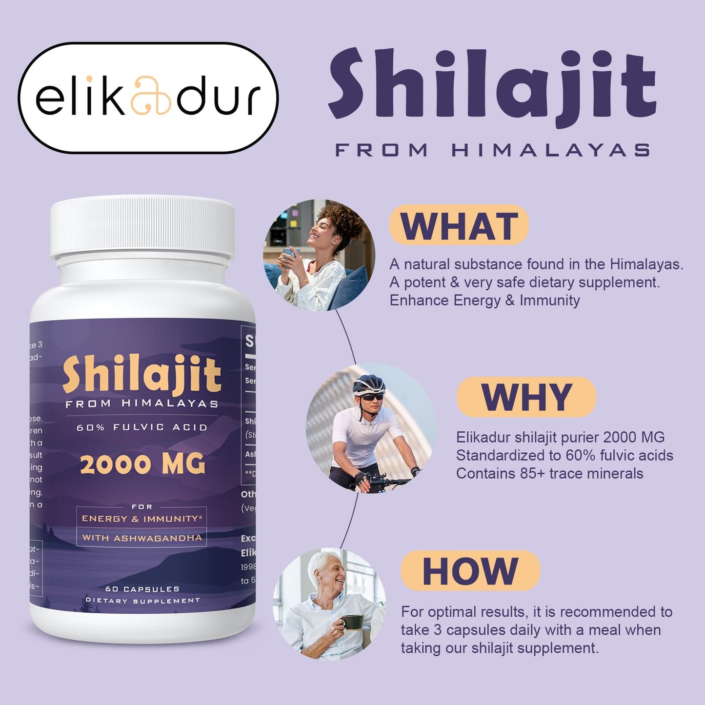 Elikadur 2000 mg Shilajit Supplement – 85+ Minerals, 60% Fulvic Acid, 120 Vegan Capsules