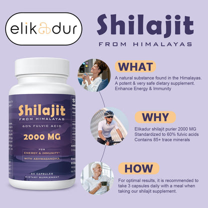 Elikadur 2000 mg Shilajit Supplement – 85+ Minerals, 60% Fulvic Acid, 120 Vegan Capsules
