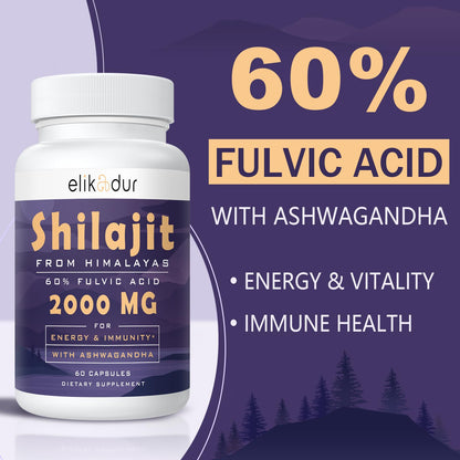 Elikadur 2000 mg Shilajit Supplement – 85+ Minerals, 60% Fulvic Acid, 120 Vegan Capsules