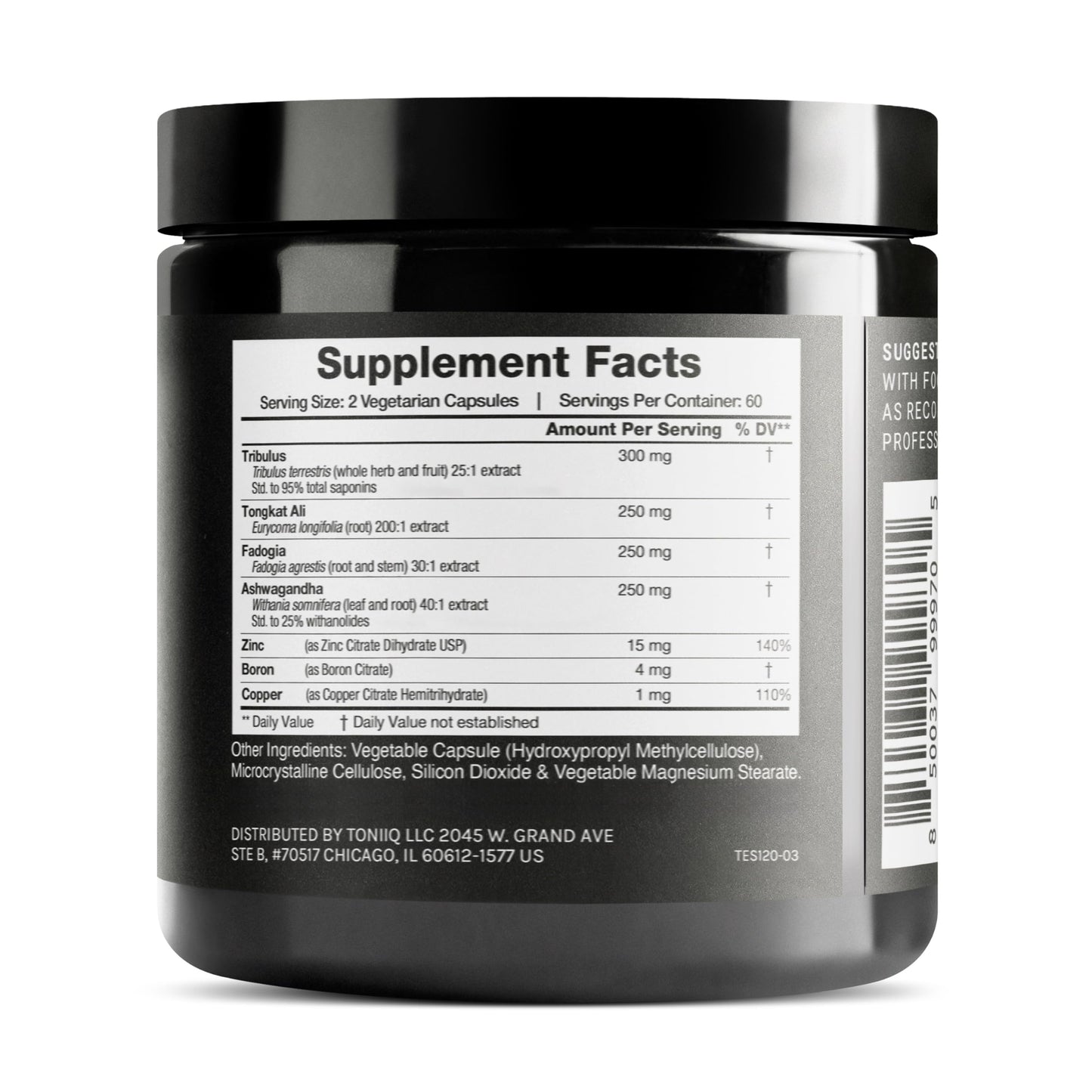 Elite T Formula - Ultra High Potency Tongkat Ali 200:1, Fadogia 30:1, Ashwagandha 40:1 (25% Withanolides) - Tribulus 25:1 (95% Saponins) + Zinc, Boron & Copper - 120 Capsules | Toniiq