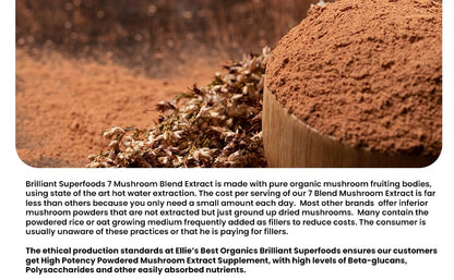 Ellie's Best 7 Mushroom Powder Extract Blend – Organic Reishi, Lion's Mane, Chaga, Turkey Tail, Cordyceps, Maitake & Shiitake – Double Extracted – 16oz / 456 Servings