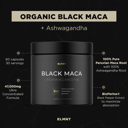ELMNT Black Maca 40:1 with Ashwagandha – 40x Strength Maca Capsules for Men
