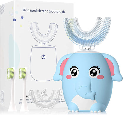 ELOTAME Kids Electric U Shaped Toothbrush - 4 Heads, 6 Modes, IPX7 Waterproof, Age 8-15 Blue