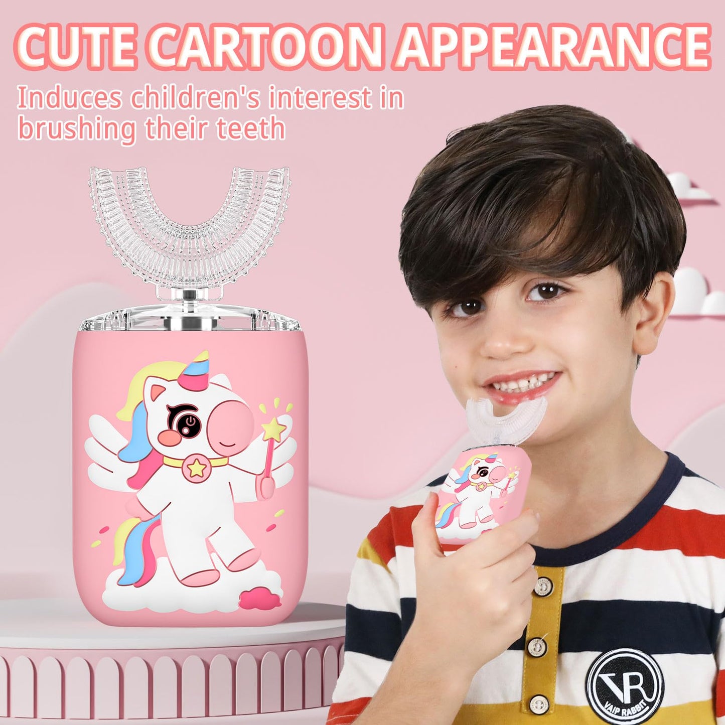 ELOTAME Kids Electric U-Shaped Toothbrush – Unicorn Pink, Rechargeable Sonic, IPX7, 4 Soft Heads (Ages 2-7)