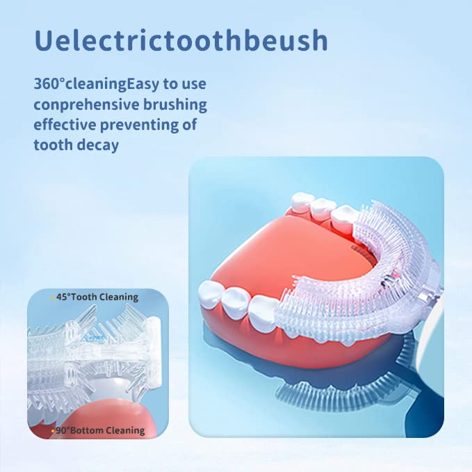 ELOTAME Kids Electric U-Shaped Toothbrush – 6 Modes, 4 Brush Heads, USB Charging (Ages 8-15, Blue)