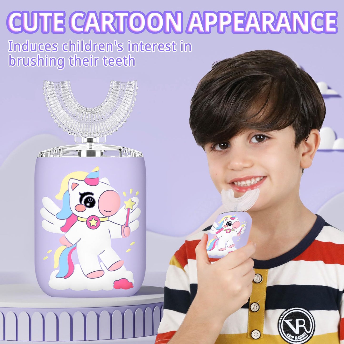 ELOTAME Kids Electric U-Shaped Unicorn Toothbrush – 4 Soft Heads, 6 Modes, Rechargeable Sonic, IPX7, Purple (Ages 2-15)