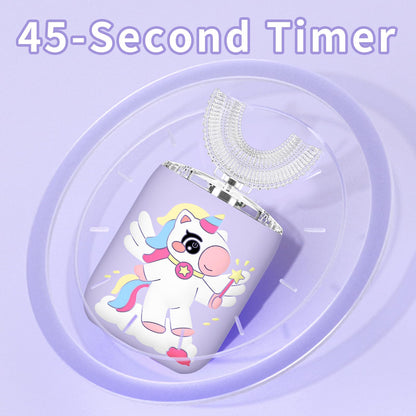 ELOTAME Kids Electric U-Shaped Unicorn Toothbrush – 4 Soft Heads, 6 Modes, Rechargeable Sonic, IPX7, Purple (Ages 2-15)