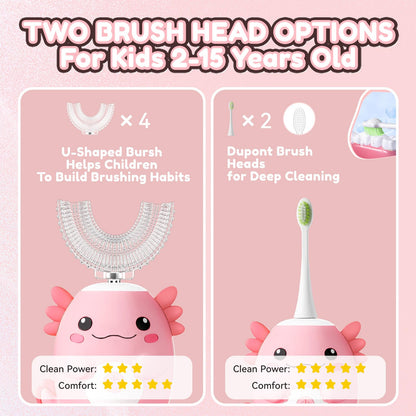 ELOTAME Kids Electric U-Shaped Toothbrush | Axolotl Pink, 6 Heads, 6 Modes, Ages 2-15