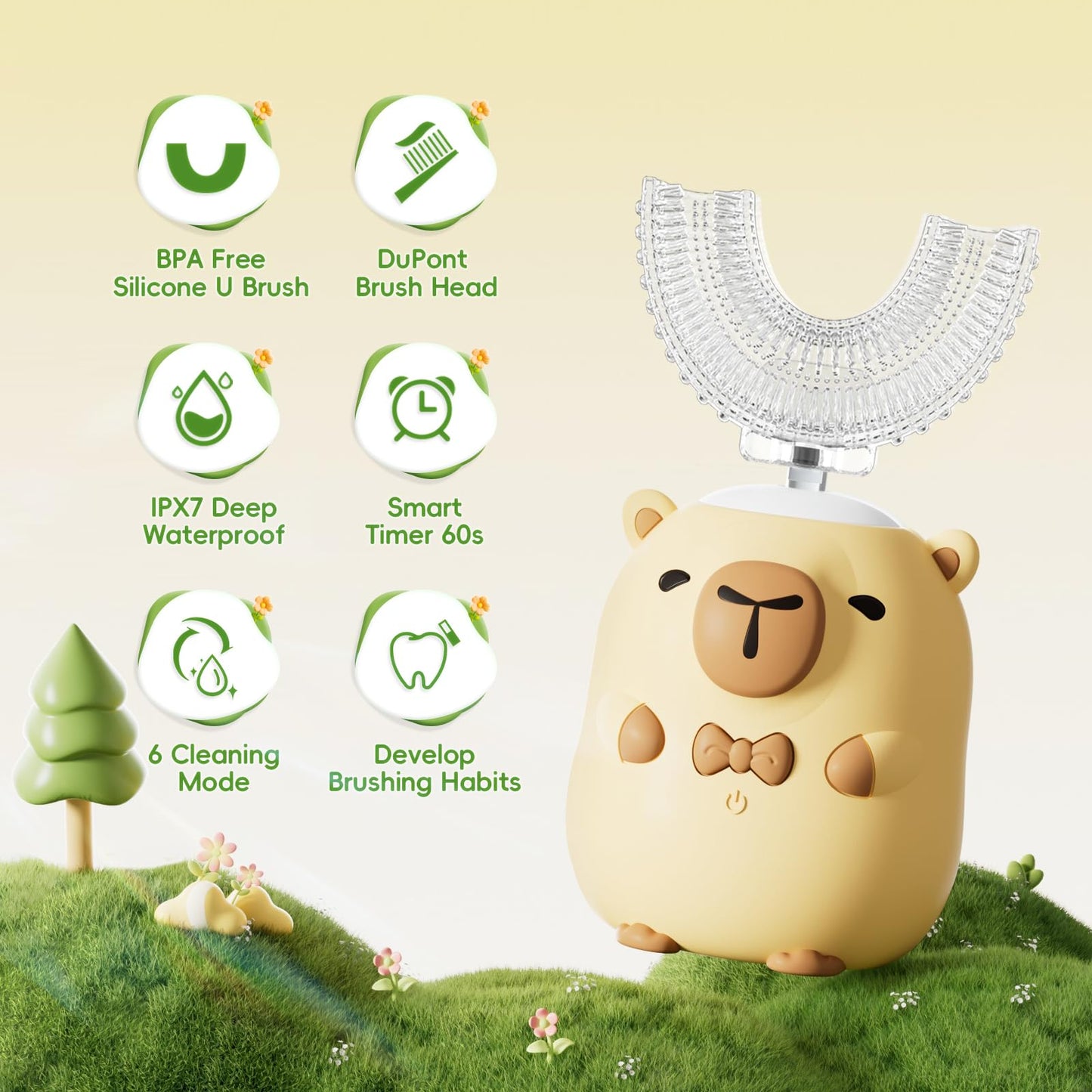 ELOTAME Kids U-Shaped Electric Toothbrush – Capybara, 6 Heads, 360° Cleaning
