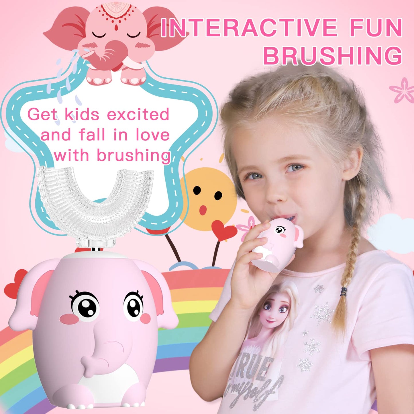 ELOTAME Kids Electric U-Shaped Toothbrush – 4 Heads, 6 Modes, IPX7, 360° Clean (Ages 8-15) Pink