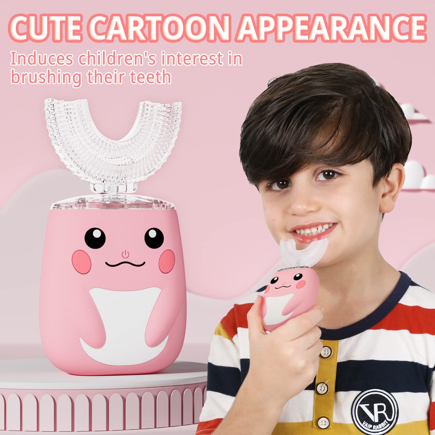 ELOTAME Kids U-Shaped Electric Toothbrush - 6 Modes, 360° Cleaning, IPX7, Pink