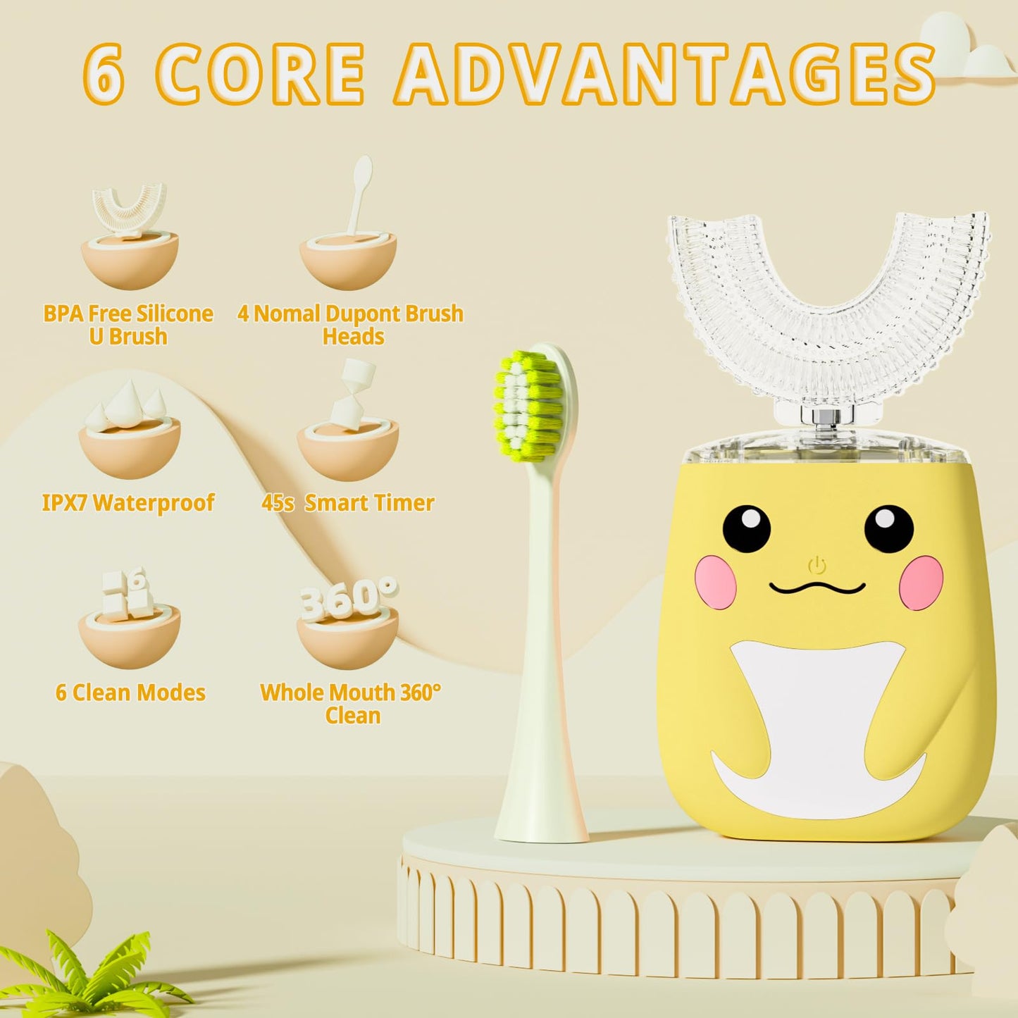ELOTAME Kids U-Shaped Electric Toothbrush - 6 Modes, 6 Brush Heads, 360° Cleaning, IPX7 Waterproof (Age 2-7, Yellow)