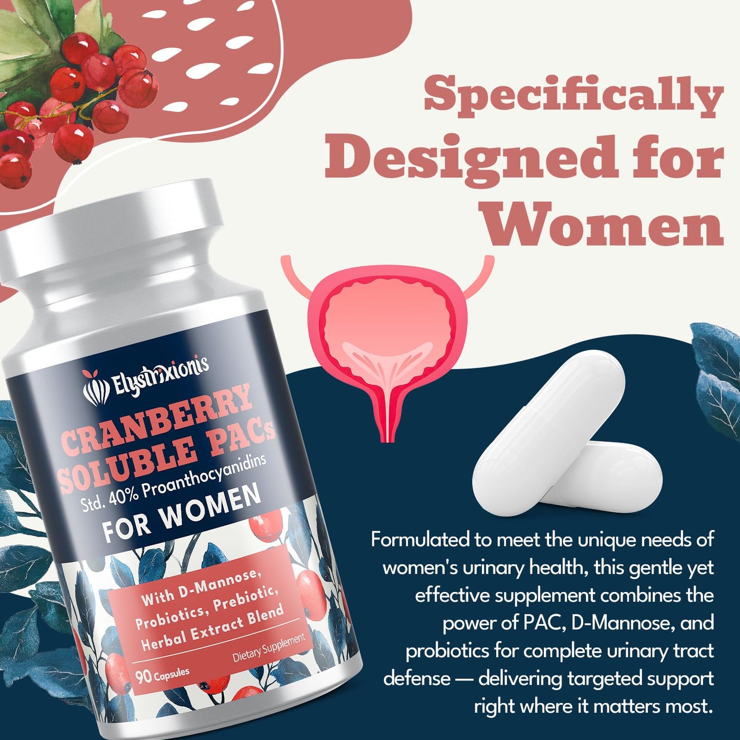 Elystrixionis 72mg PAC Cranberry Pills for Women – Organic Cranberry Juice Extract + 1000mg D-Mannose, UTI Support, 90 Capsules