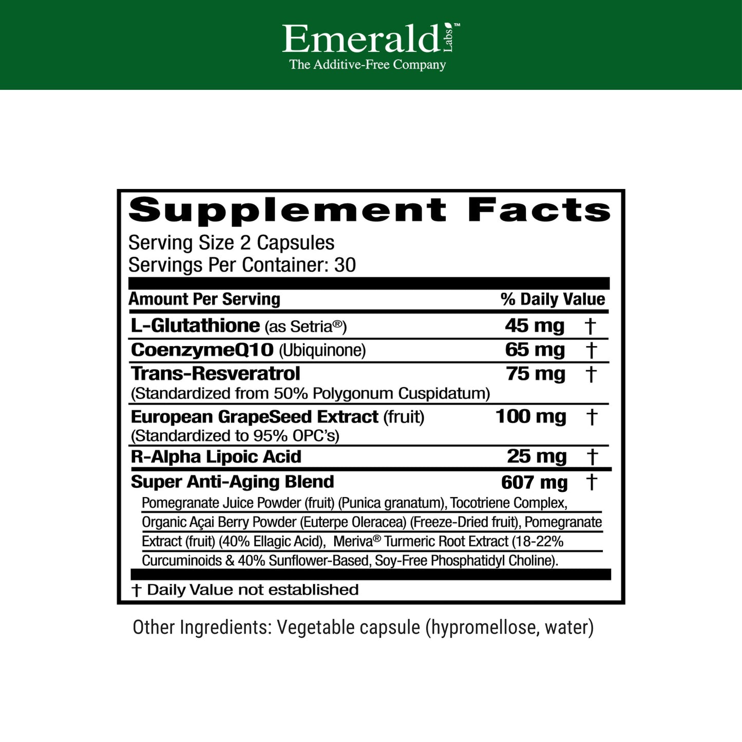 Emerald Labs Anti-Aging Cellular Complex | Setria L-Glutathione, CoQ10 & Resveratrol - 60 Veggie Capsules