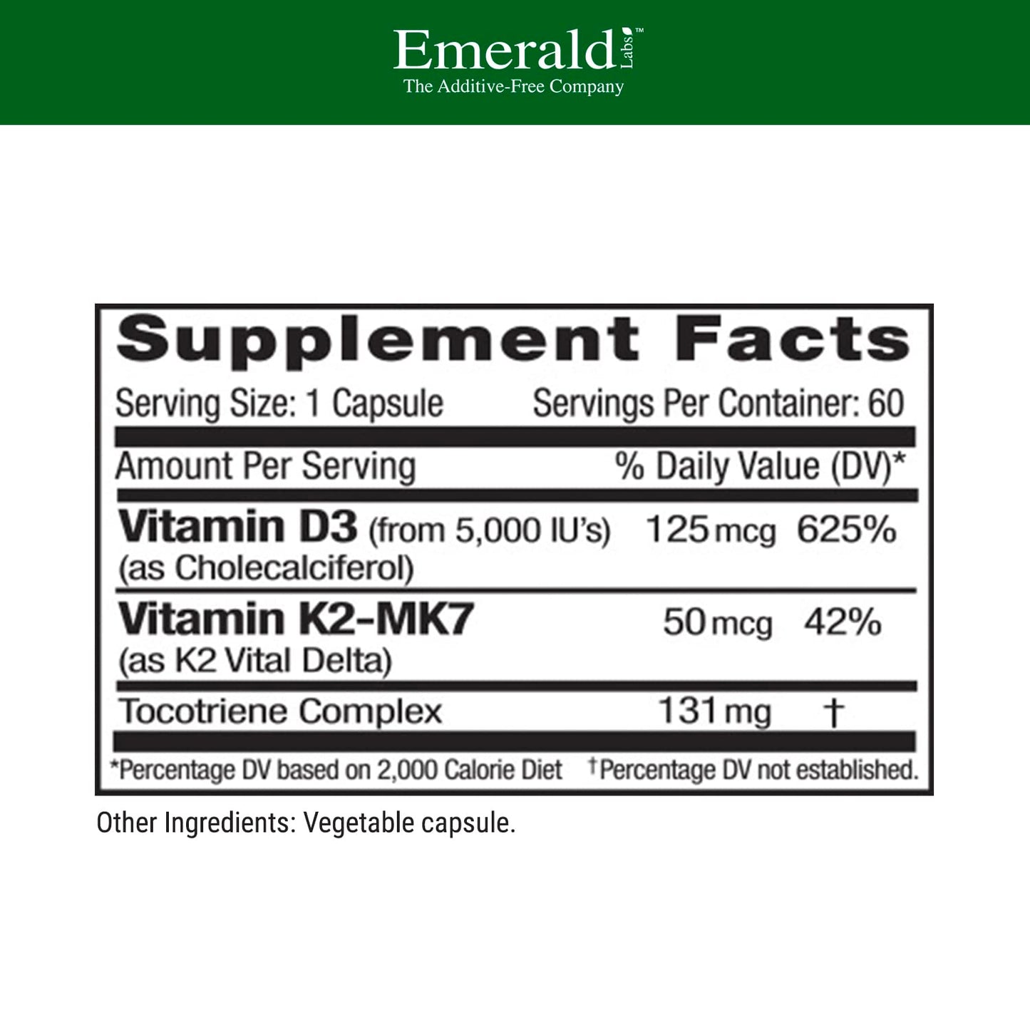 EMERALD LABS Vitamin D3+K2 5000 IU MK-7 - 60 Veg Capsules (Pack of 2) for Bone & Heart Health