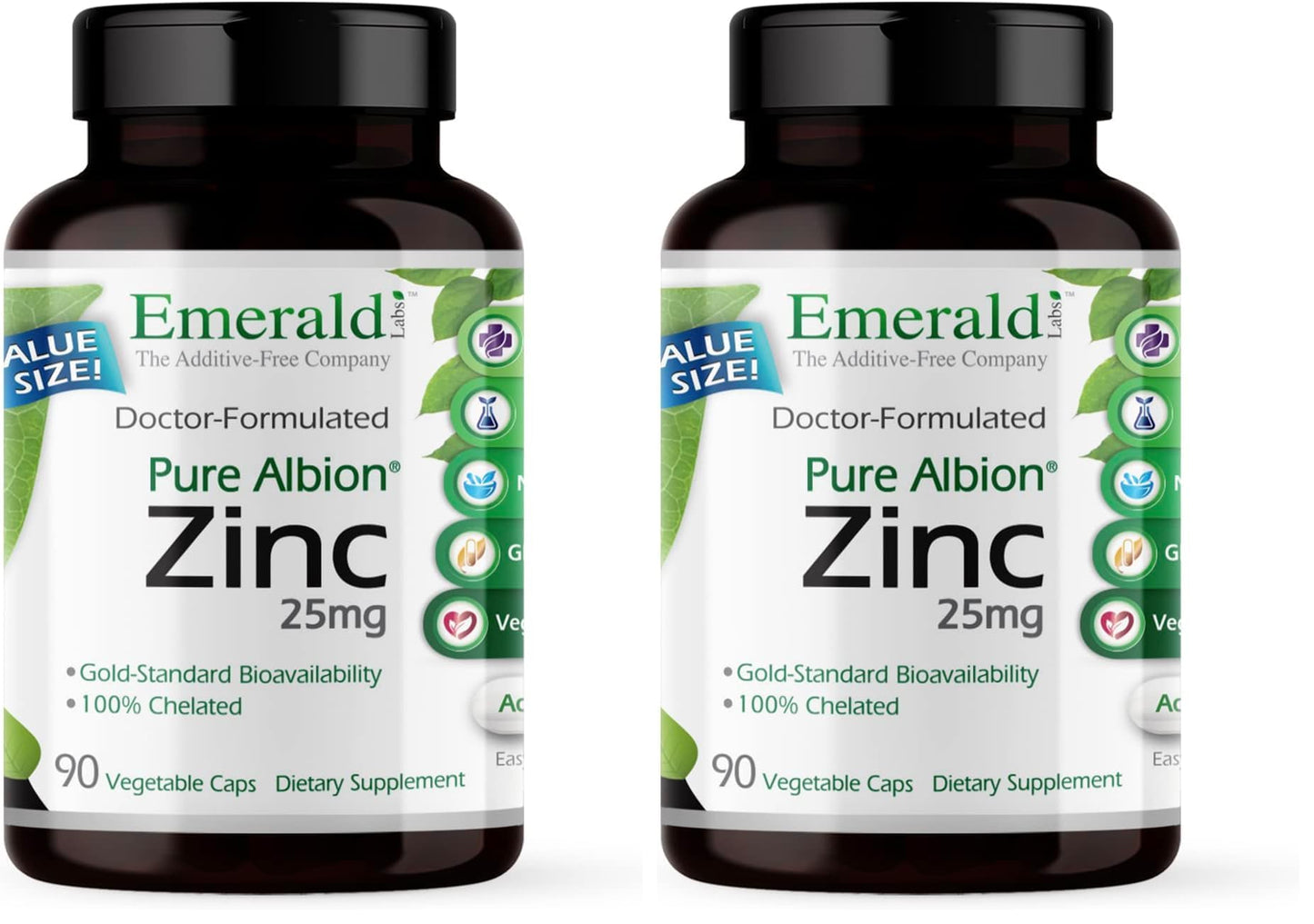 Emerald Labs Zinc 25mg – Immune & Digestive Support, Zinc Bisglycinate | Vegan & Gluten-Free | 90 Veg Capsules (Pack of 2)