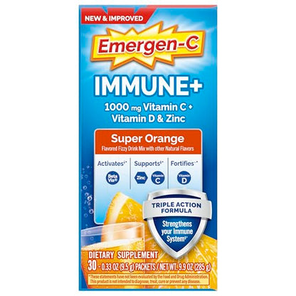 Emergen-C Immune+ Triple Action Immune Support Powder – 30 Count | BetaVia, Vitamin C 1000mg, D, Zinc