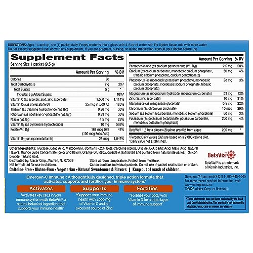 Emergen-C Immune+ Triple Action Immune Support Powder – 30 Count | BetaVia, Vitamin C 1000mg, D, Zinc