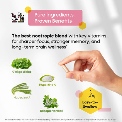 Memory & Focus Nootropic – Brain Matrix with Ginkgo Biloba & Huperzine A | Vegan, Caffeine-Free