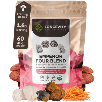 Organic Emperor 4 Mushroom Blend 100g – Fruiting Body Extract | Lions Mane, Cordyceps, Chaga & Reishi