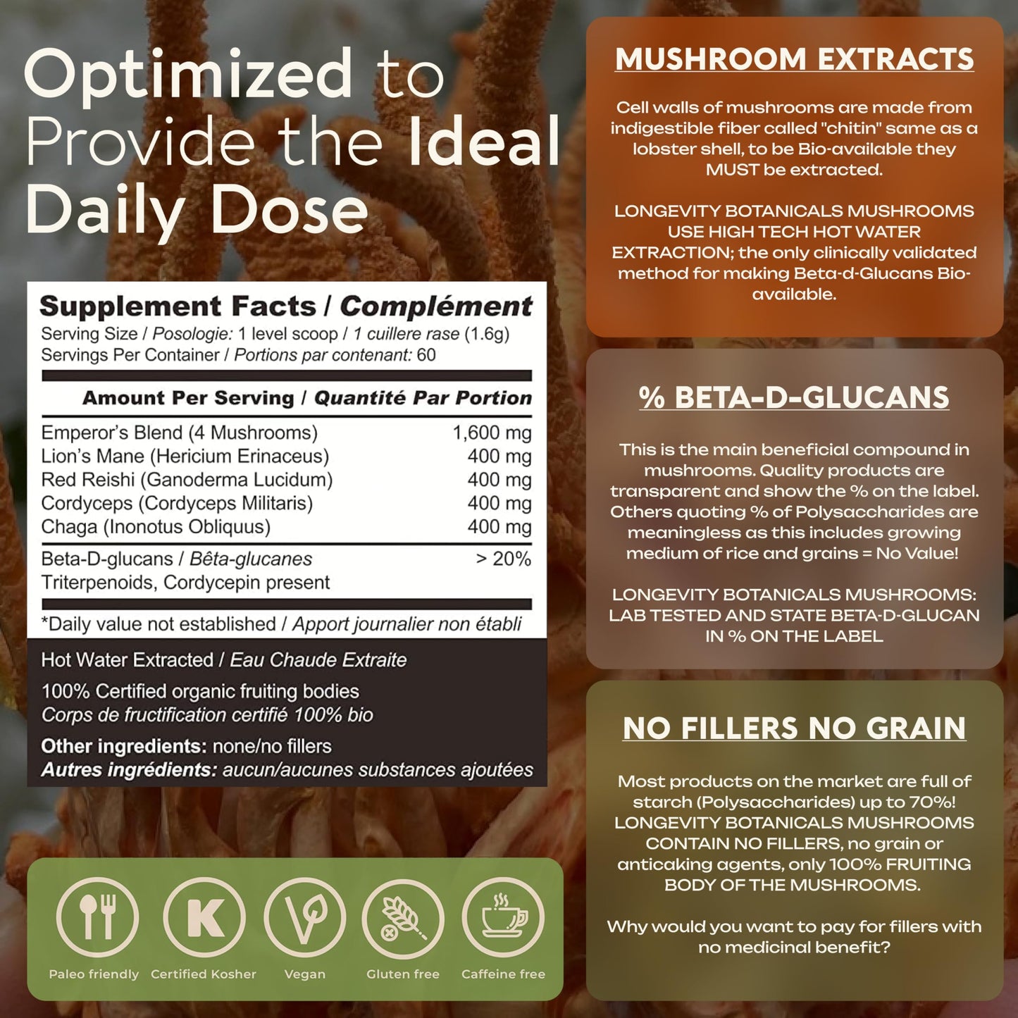 Organic Emperor 4 Mushroom Blend 100g – Fruiting Body Extract | Lions Mane, Cordyceps, Chaga & Reishi