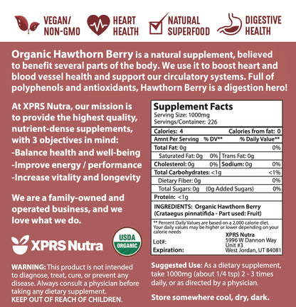 XPRS Nutra Organic Hawthorn Berry Powder – Cardiovascular Support, USDA Organic (8 oz) – Vegan