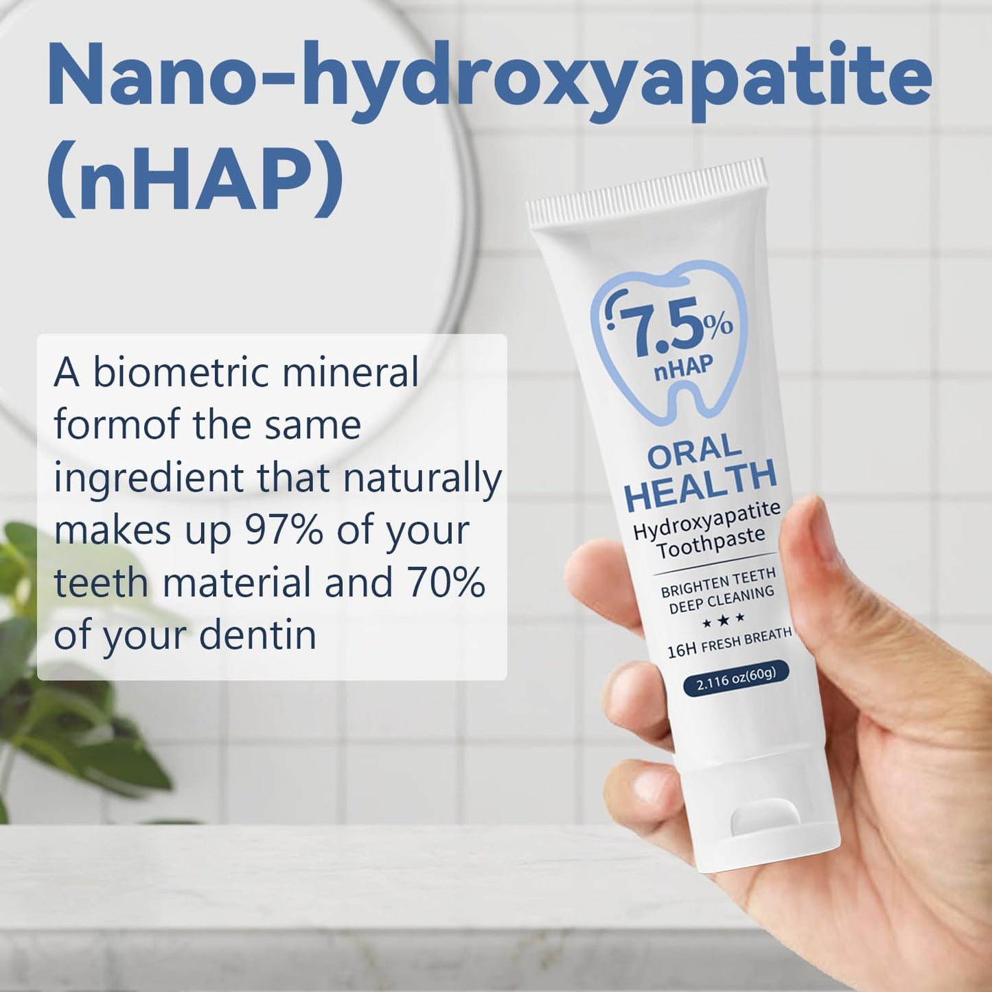 7.5% Hydroxyapatite Toothpaste for Sensitive Teeth & Enamel Repair – Fresh Mint 2.12 oz