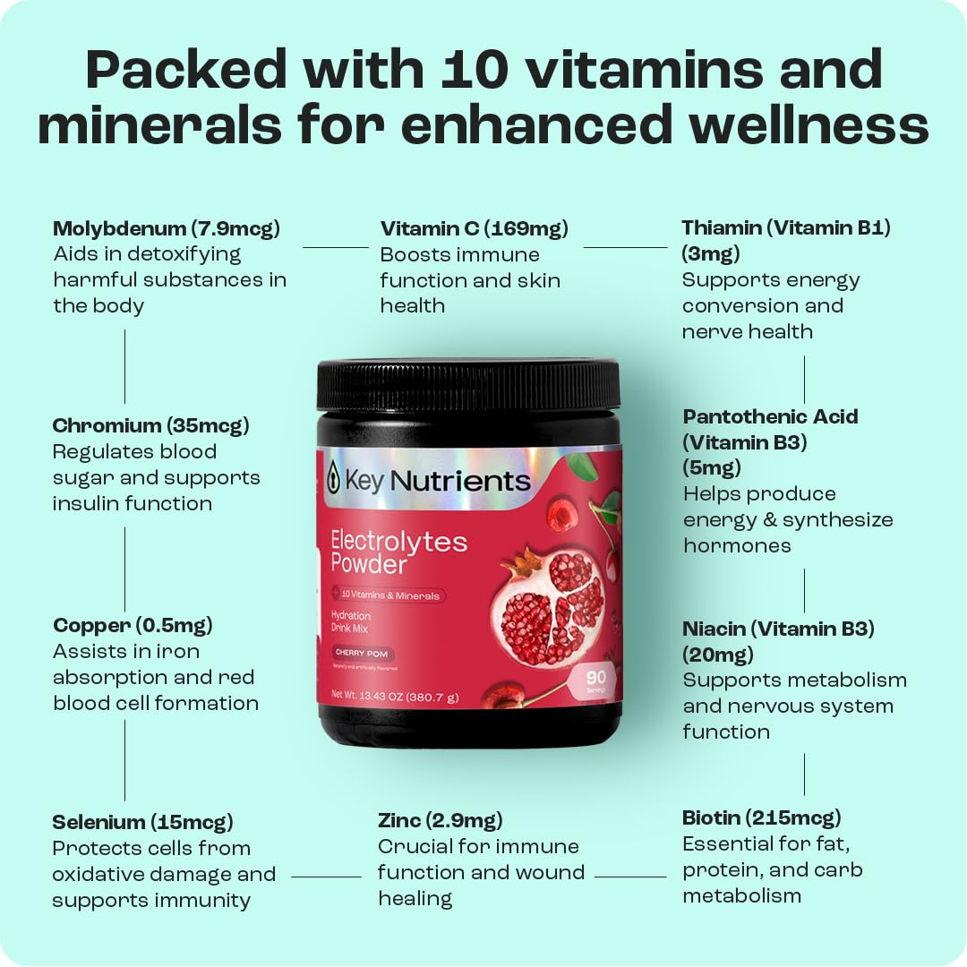 KEY NUTRIENTS Multivitamin Electrolytes Powder No Sugar - Sweet Cherry Pom | 90 Servings | Made in USA