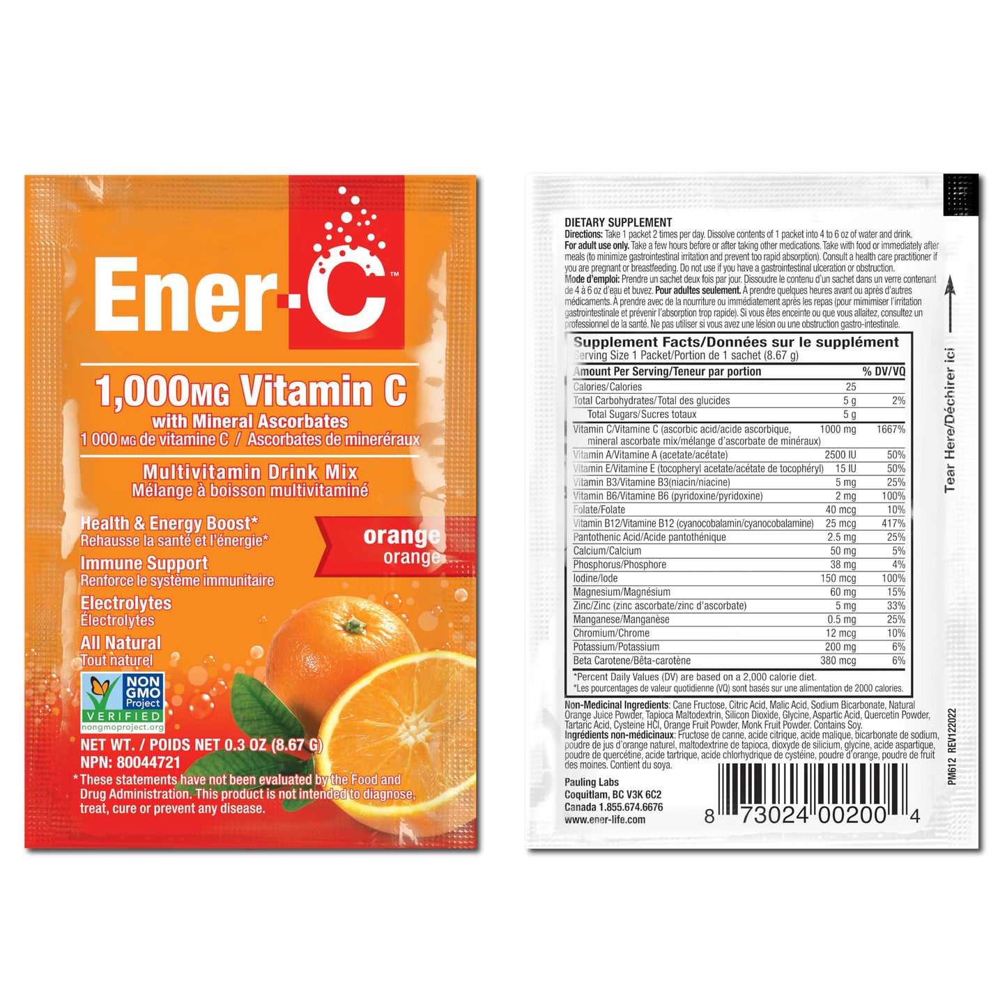 Ener-C Orange Multivitamin Drink Mix – Vitamin C 1000mg, Electrolytes, 30 Count